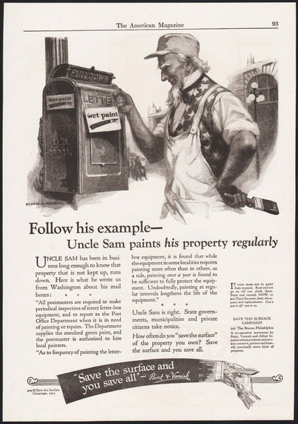 Vintage magazine ad SAVE THE SURFACE 1923 Uncle Sam painting mailbox Holberg art