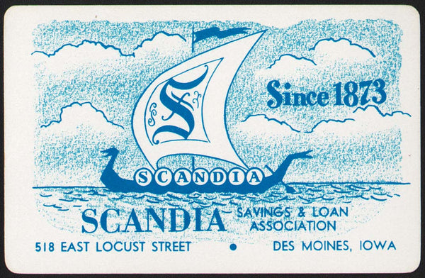 Vintage playing card SCANDIA SAVINGS and LOAN blue Viking ship Des Moines Iowa