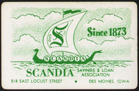 Vintage playing card SCANDIA SAVINGS and LOAN green Viking ship Des Moines Iowa