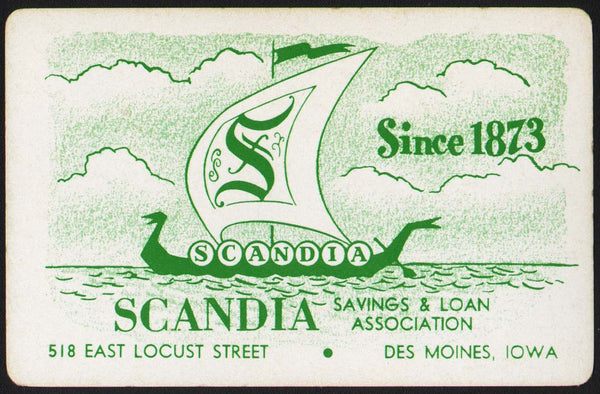 Vintage playing card SCANDIA SAVINGS and LOAN green Viking ship Des Moines Iowa