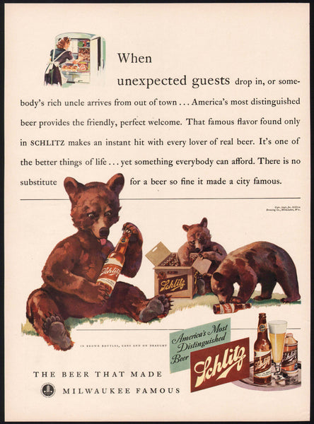 Vintage magazine ad SCHLITZ BEER 1941 Milwaukee brown bears and bottles pictured