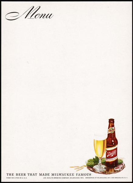 Vintage menu SCHLITZ beer bottle and glass pictured unused new old stock n-mint+