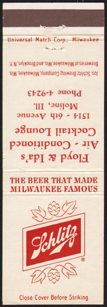 Vintage matchbook cover SCHLITZ beer Floyd and Idas Cocktail Lounge Moline ILL