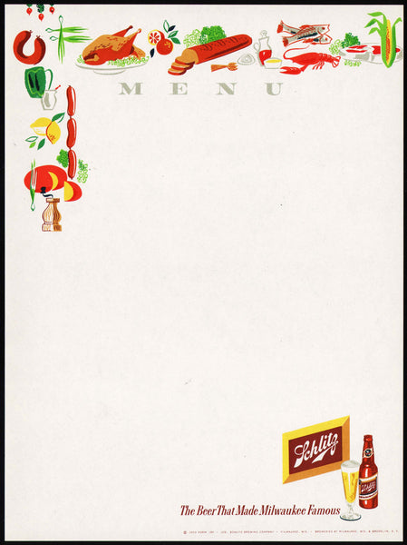 Vintage menu SCHLITZ beer bottle and foods pictured unused new old stock n-mint+