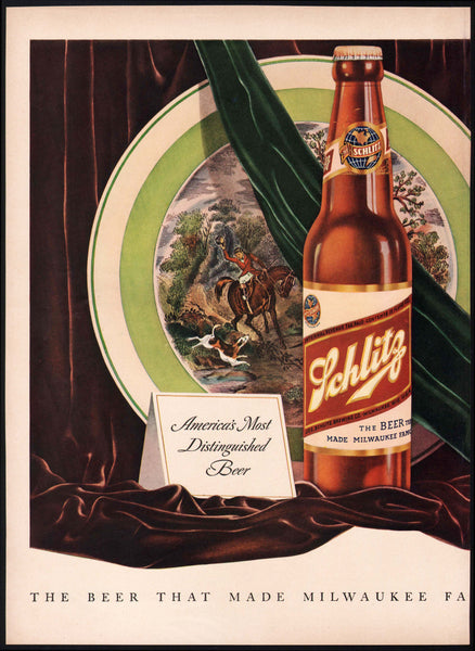 Vintage magazine ad SCHLITZ BEER 1941 bottle and plate pictured on two pages