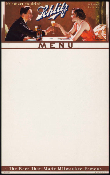 Vintage menu SCHLITZ beer man and woman dining pictured unused new old stock n-mint+