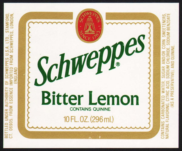 Vintage soda pop bottle label SCHWEPPES BITTER LEMON 10oz size Stamford CT n-mint+