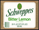 Vintage soda pop bottle label SCHWEPPES BITTER LEMON 28oz size Stamford CT n-mint+