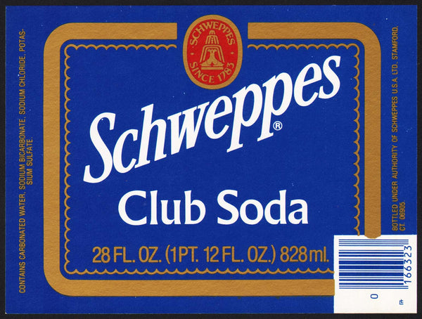 Vintage soda pop bottle label SCHWEPPES CLUB SODA 28oz size Stamford CT n-mint+