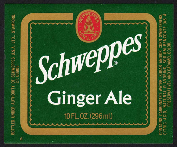 Vintage soda pop bottle label SCHWEPPES GINGER ALE 10oz size Stamford CT n-mint+