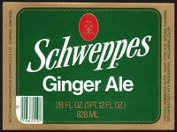 Vintage soda pop bottle label SCHWEPPES GINGER ALE 28oz size Stamford CT n-mint+