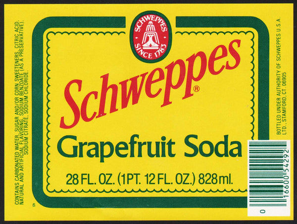 Vintage soda pop bottle label SCHWEPPES GRAPEFRUIT 28oz size Stamford CT n-mint+