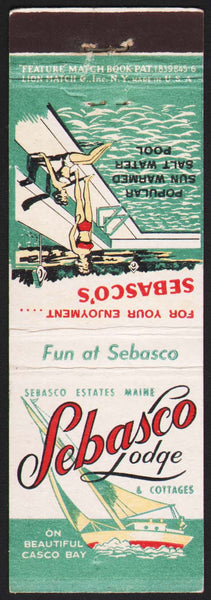 Vintage matchbook cover SEBASCO LODGE sailboat and pool pictures Casco Bay Maine