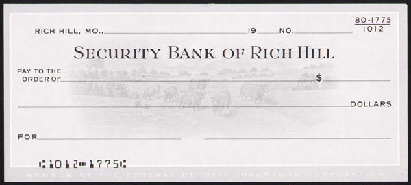 Vintage bank check SECURITY BANK OF RICH HILL cattle pictured Rich Hill Missouri