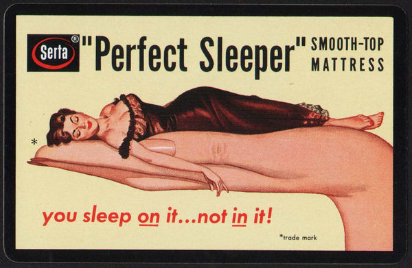 Vintage playing card SERTA PERFECT SLEEPER Mattress black border woman on hand