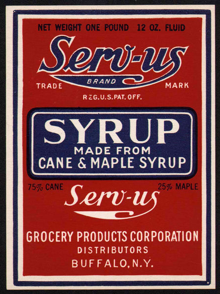Vintage label SERV US SYRUP Cane and Maple Grocery Products Buffalo NY n-mint+