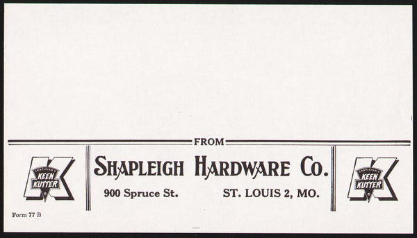 Vintage shipping label SHAPLEIGH HARDWARE CO St Louis MO Keen Kutter unused n-mint