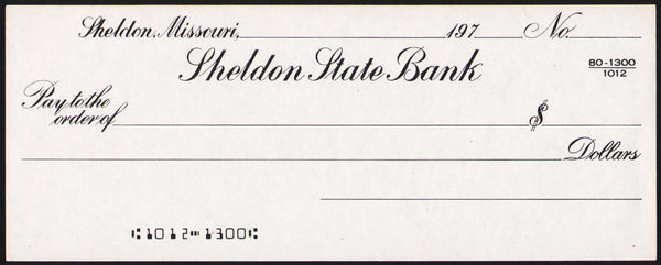 Vintage bank check SHELDON STATE BANK dated 1970s Sheldon Missouri new old stock