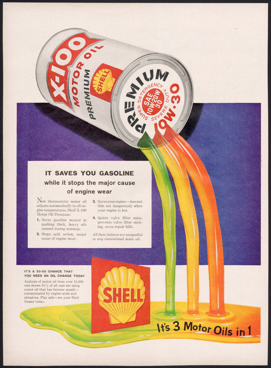 Vintage magazine ad SHELL MOTOR OIL from 1958 with X-100 can pouring p ...