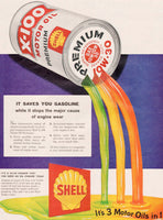 Vintage magazine ad SHELL MOTOR OIL from 1958 with X-100 can pouring pictured