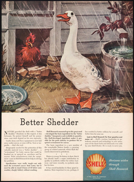 Vintage magazine ad SHELL OIL COMPANY 1945 duck and chicken Albert Staehle art