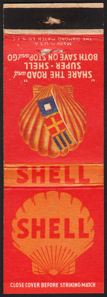 Vintage matchbook cover SHELL gas oil Share the Road Super Shell clamshell logo