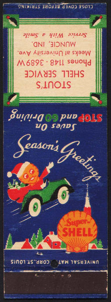 Vintage matchbook cover SHELL gas oil Stouts Service cartoon Santa Muncie Indiana