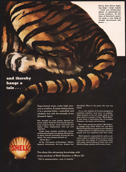 Vintage magazine ad SHELL gas oil from 1942 clamshell logo picturing a tiger