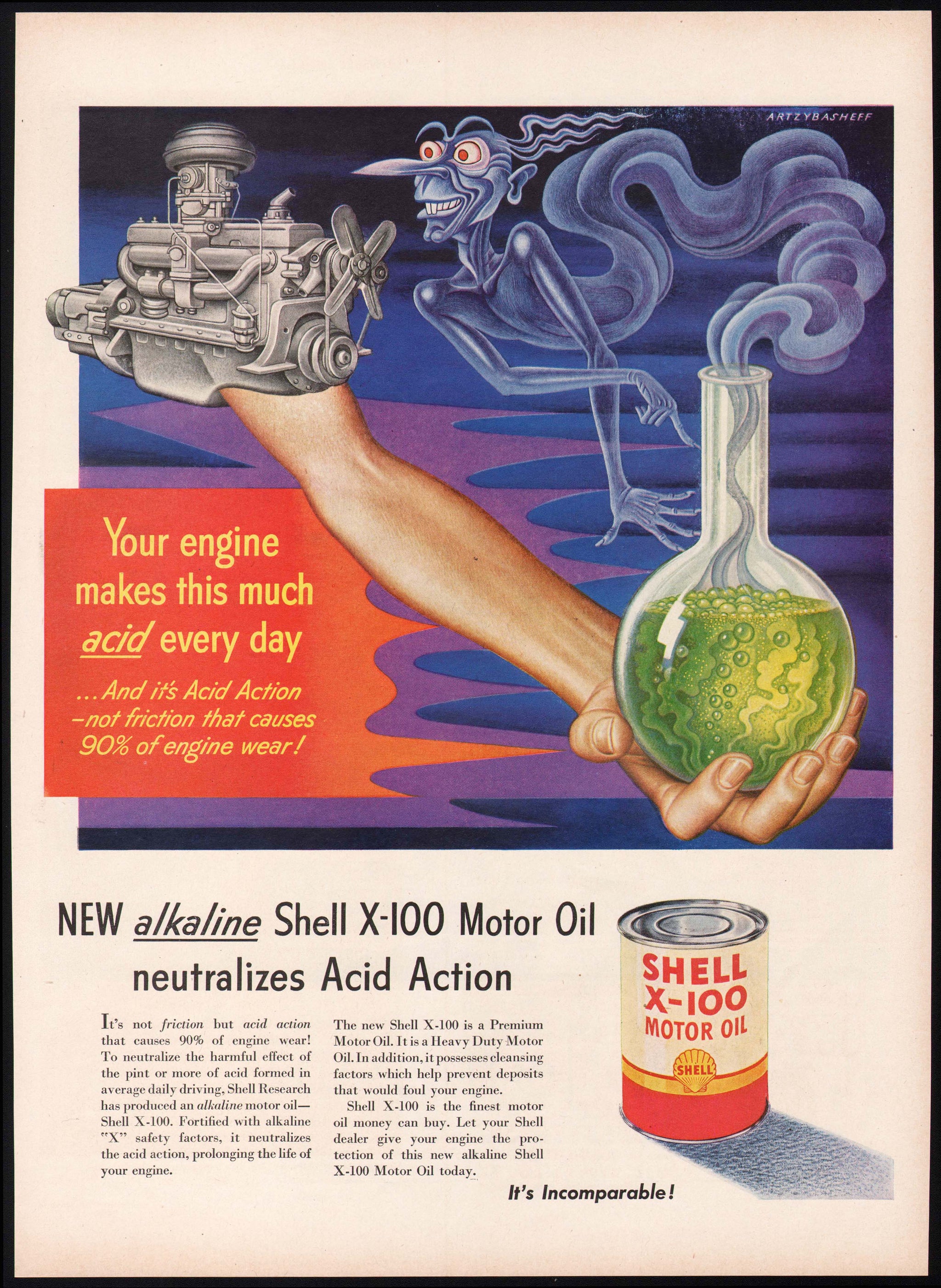 Vintage magazine ad SHELL X100 MOTOR OIL 1951 Boris Artzybasheff
