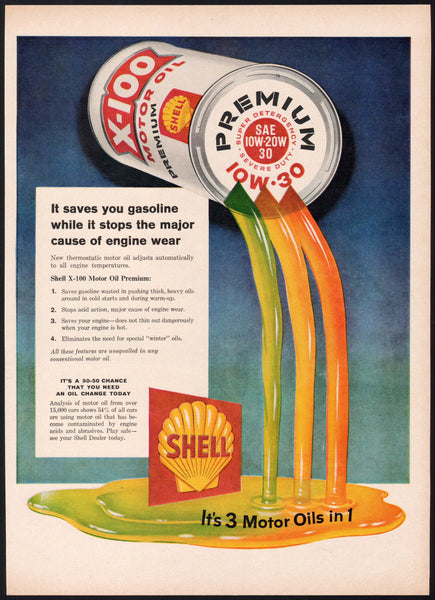 Vintage magazine ad SHELL X100 MOTOR OIL 1958 Its 3 motor oils in 1 Shell logo
