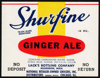 Vintage soda pop bottle label SHURFINE GINGER ALE Muskegon Michigan unused n-mint+