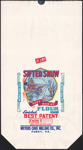 Vintage bag SIFTED SNOW FLOUR Weyers Cave Milling Purdy Virginia unused n-mint