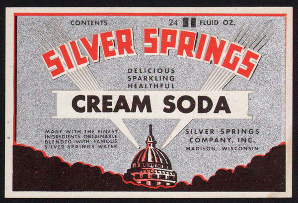 Vintage soda pop bottle label SILVER SPRINGS CREAM Madison Wisconsin unused n-mint