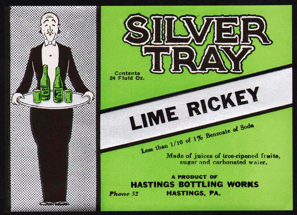 Vintage soda pop bottle label SILVER TRAY LIME RICKEY Hastings PA new old stock