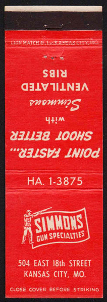 Vintage matchbook cover SIMMONS GUN SPECIALTIES hunter pictured Kansas City Missouri