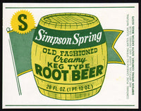 Vintage soda pop bottle label SIMPSON SPRING ROOT BEER South Easton Mass n-mint+