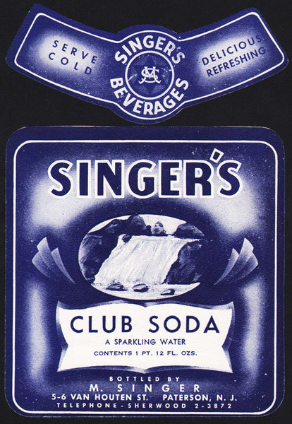 Vintage soda pop bottle label SINGERS CLUB SODA waterfall Paterson New Jersey