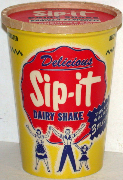 Vintage paper cup SIP IT DAIRY SHAKE with lid Schneiders Dairy Whitehall Boro PA