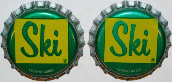 Soda pop bottle caps SKI green yellow Lot of 2 cork lined unused new old stock