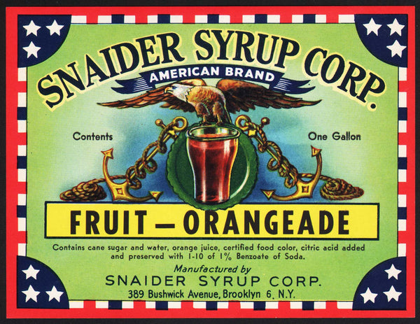 Vintage soda pop bottle label SNAIDER SYRUP FRUIT ORANGEADE eagle Brooklyn NY