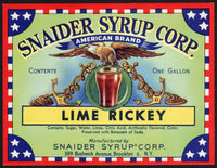 Vintage soda pop bottle label SNAIDER SYRUP LIME RICKEY eagle pictured Brooklyn NY