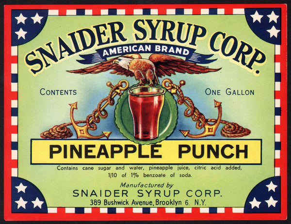 Vintage soda pop bottle label SNAIDER SYRUP PINEAPPLE PUNCH eagle Brooklyn NY