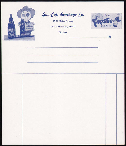 Vintage receipt FROSTIE ROOT BEER Sno Cap Sun Drop Easthampton Mass 1950s n-mint+