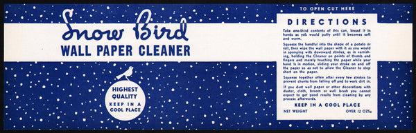 Vintage label SNOW BIRD WALL PAPER CLEANER bird pictured unused new old stock n-mint+