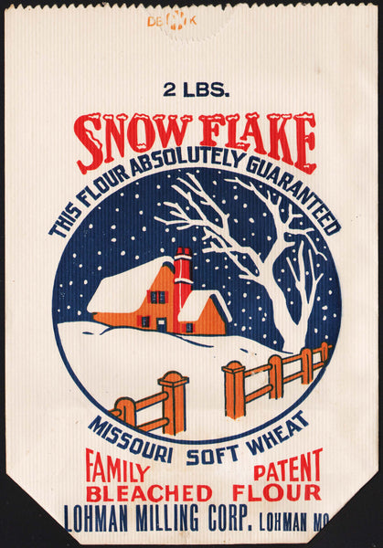 Vintage bag SNOW FLAKE Flour house in snow pictured Lohman Milling Missouri unused