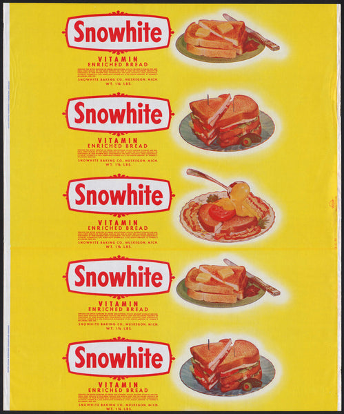 Vintage bread wrapper SNOWHITE dated 1955 sandwich pictures Muskegon Michigan