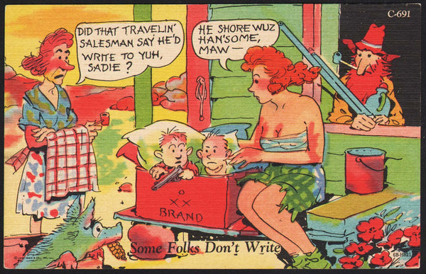 Vintage postcard SOME FOLKS DON'T WRITE girlie hillbilly comic cartoon Curteich