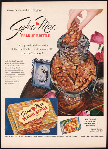 Vintage magazine ad SOPHIE MAE PEANUT BRITTLE 1953 and Coconut Brittle pictured