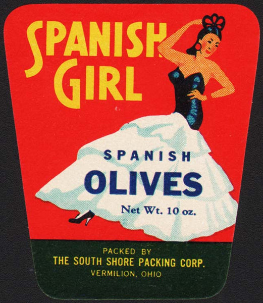 Vintage label SPANISH GIRL OLIVES South Shore Packing Vermilion Ohio n-mint+