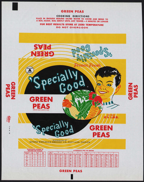 Vintage wrapper SPECIALLY GOOD GREEN PEAS boy pictured Portland Oregon n-mint